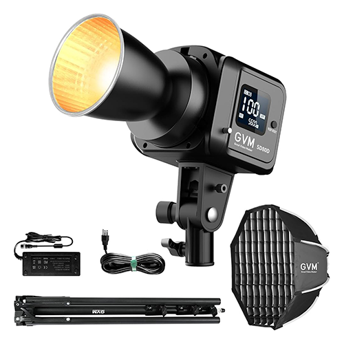 Luz LED GVM bicolor 2700K–7500K con trípode y modificador